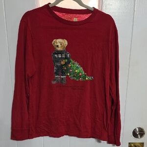 Polo Ralph Lauren Boys Polo Bear Christmas Shirt Long Sleeves Red Sz 18-20 EUC